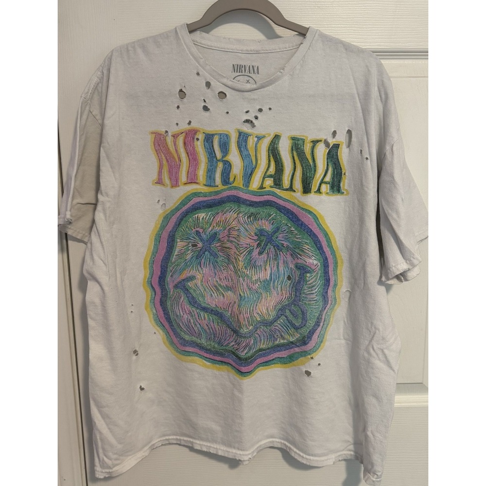 Nirvana Tee Shirt S/M White Retro 90s Smiley Face Distressed Thrashed Grunge